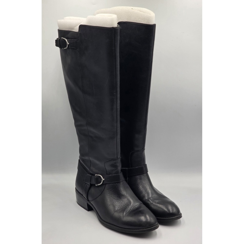 Lauren Ralph Lauren Margarite Black Leather Knee High Riding Boots 8B Buckle Zip